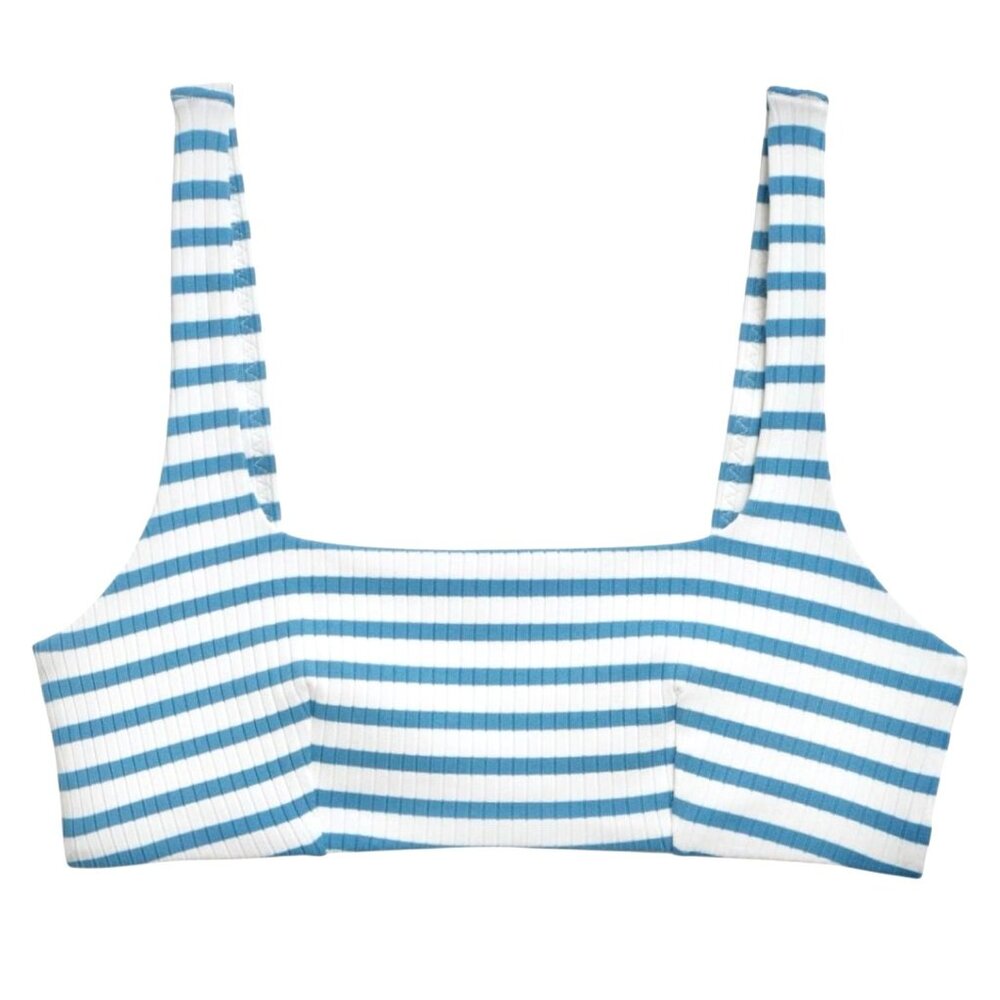 Striped Bikini Top Blue White Square Neck Ribbed Size 10 NWT
